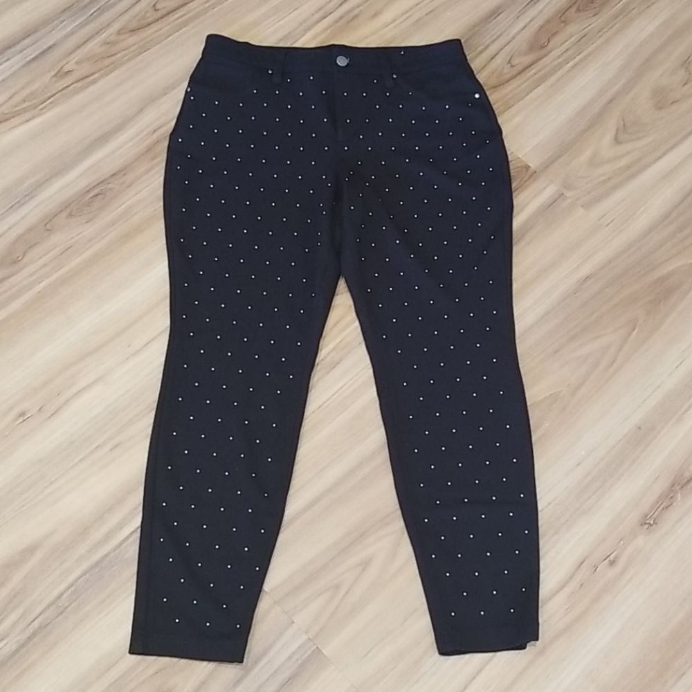 Soma Slimming 5 Pocket Ponte Pants, Black, Silver Dots, Size Large, Curvy, EUC